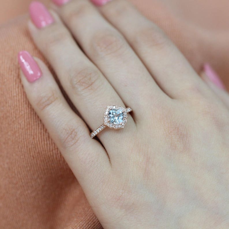 14k Rose Gold Aquamarine Engagement Ring in Milgrain Diamond - Etsy