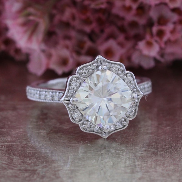 Vintage Floral Moissanite Engagement Ring in 14k White Gold Milgrain Diamond Wedding Band 8x8mm Cushion Forever Brilliant Moissanite Ring