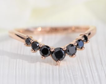 Natural Black Diamond Ring in 14k Rose Gold Curved Wedding Band, Round Black Diamond Wedding Ring, Contour Band