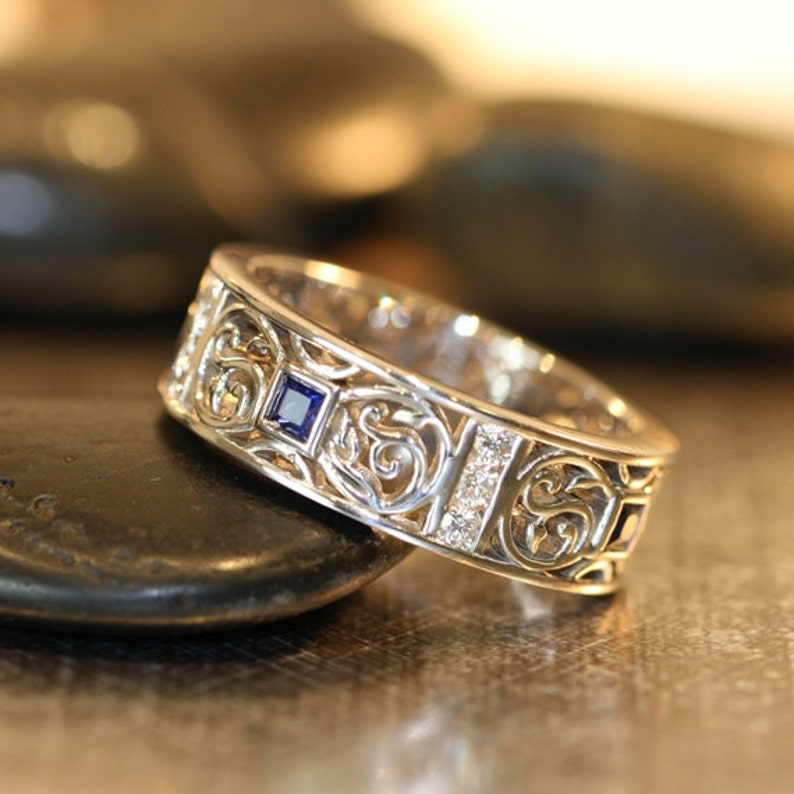 Celtic Wedding Band Princess Cut Sapphire and Diamond