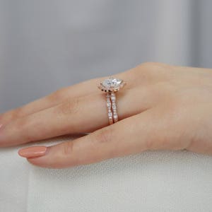 Forever One Moissanite Engagement Ring and Scalloped Diamond Wedding Band Bridal Set in 14k Rose Gold 8x8mm Cushion Moissanite Gemstone Ring image 5