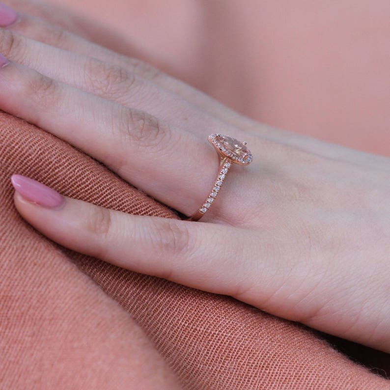 Pear Morganite Engagement Ring in 14k Rose Gold Halo Diamond Ring 9x6mm Pink Peach Morganite Ring Set in Pave Diamond Half Eternity Band image 4