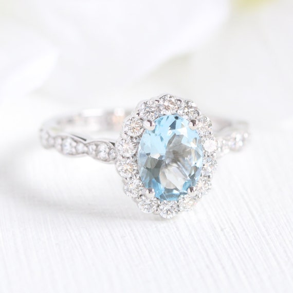 Oval Aquamarine Engagement Ring Halo Diamond Ring in 14k White | Etsy