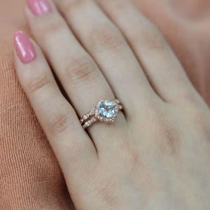 Natural Aquamarine Ring Set and Scalloped Diamond Wedding Band Bridal Set 14k Rose Gold Vintage Style Halo Aquamarine Ring Stack image 4