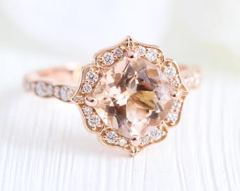 Natural Peach Morganite & Diamond Halo Ring - 14k Rose Gold Vintage Floral Ring