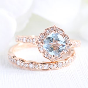 Natural Aquamarine Ring Set and Scalloped Diamond Wedding Band Bridal Set 14k Rose Gold Vintage Style Halo Aquamarine Ring Stack image 1