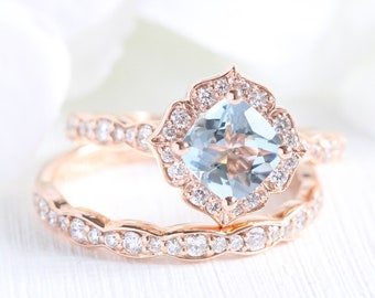 Natural Aquamarine Ring Set and Scalloped Diamond Wedding Band Bridal Set 14k Rose Gold Vintage Style Halo Aquamarine Ring Stack