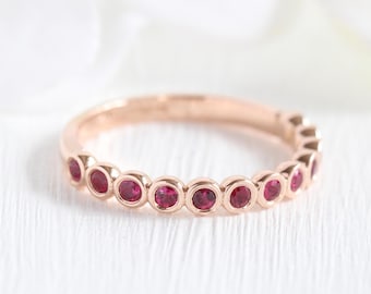 Natural Ruby Wedding Ring 14k Rose Gold Bezel Set Ruby Ring, Ruby Wedding Band, July Birthstone Ring Stacking Ready to Ship (Resizable)