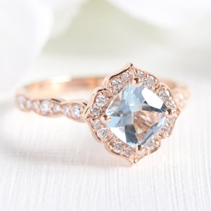 Natural Aquamarine Ring Set and Scalloped Diamond Wedding Band Bridal Set 14k Rose Gold Vintage Style Halo Aquamarine Ring Stack image 7