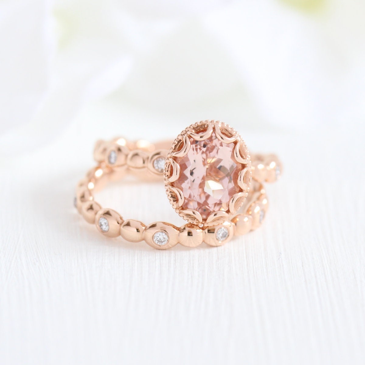 Oval Morganite Engagement Ring Bridal Set in 14k Rose Gold | Etsy