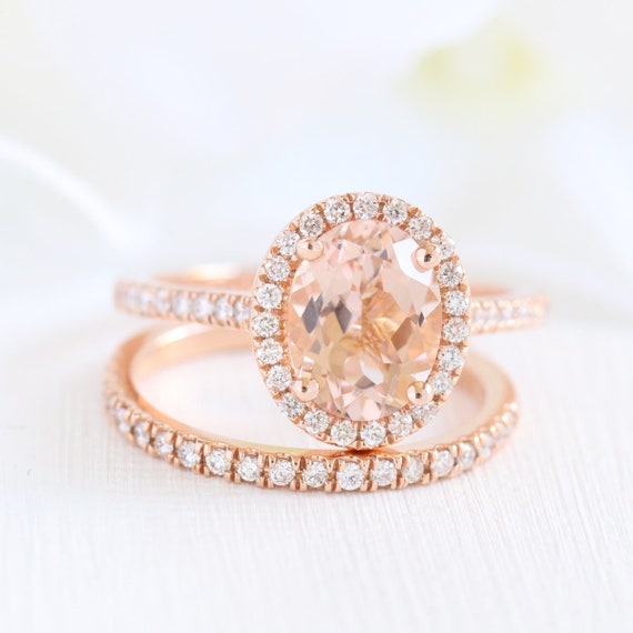 Morganite Engagement Ring Petite Diamond Wedding Ring Set in | Etsy