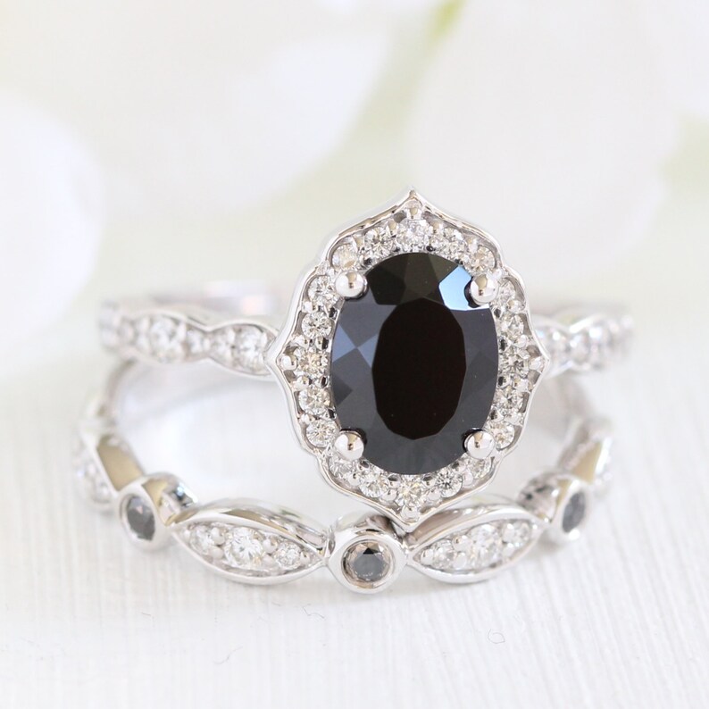 Black and White Diamond Vintage Floral Engagement Ring Wedding Etsy