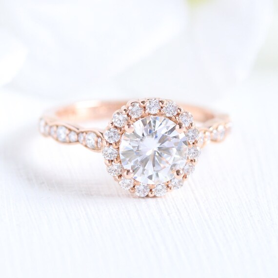 Half Eternity Wedding Dainty Ring Rose Gold Ring For Women Round Cut 7mm Moissanite Ring Halo Moissanite Ring 14K Gold Engagement Ring