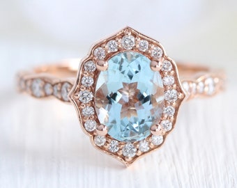 Vintage Floral Oval Aquamarine Engagement Ring in 14k Rose Gold Scalloped Diamond Wedding Band 8x6mm Oval Cut Gemstone Anniversary Ring