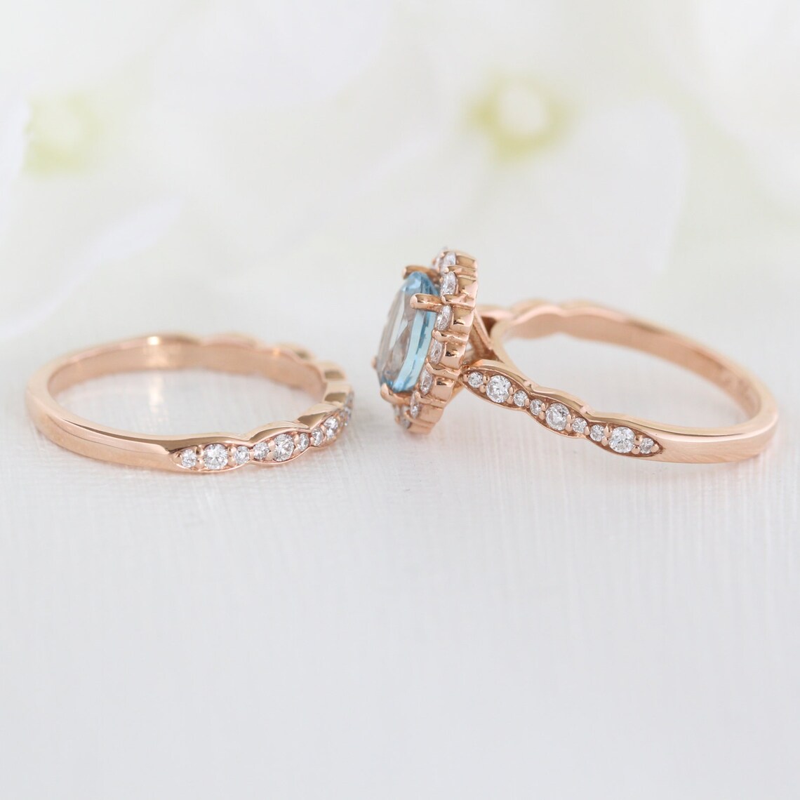 Halo Diamond Aquamarine Wedding Ring Set in 14k Rose Gold Etsy