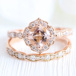 Natural Morganite Ring Set and Scalloped Diamond Wedding Band Bridal Set 14k Rose Gold Vintage Style Halo Morganite Ring Stack