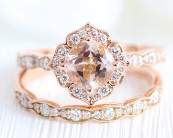 Natural Morganite Ring Set and Scalloped Diamond Wedding Band Bridal Set 14k Rose Gold Vintage Style Halo Morganite Ring Stack