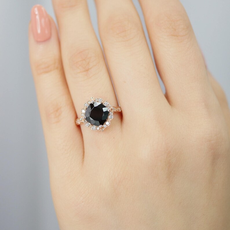 Vintage Floral Black Spinel Diamond Engagement Ring in 14k Etsy