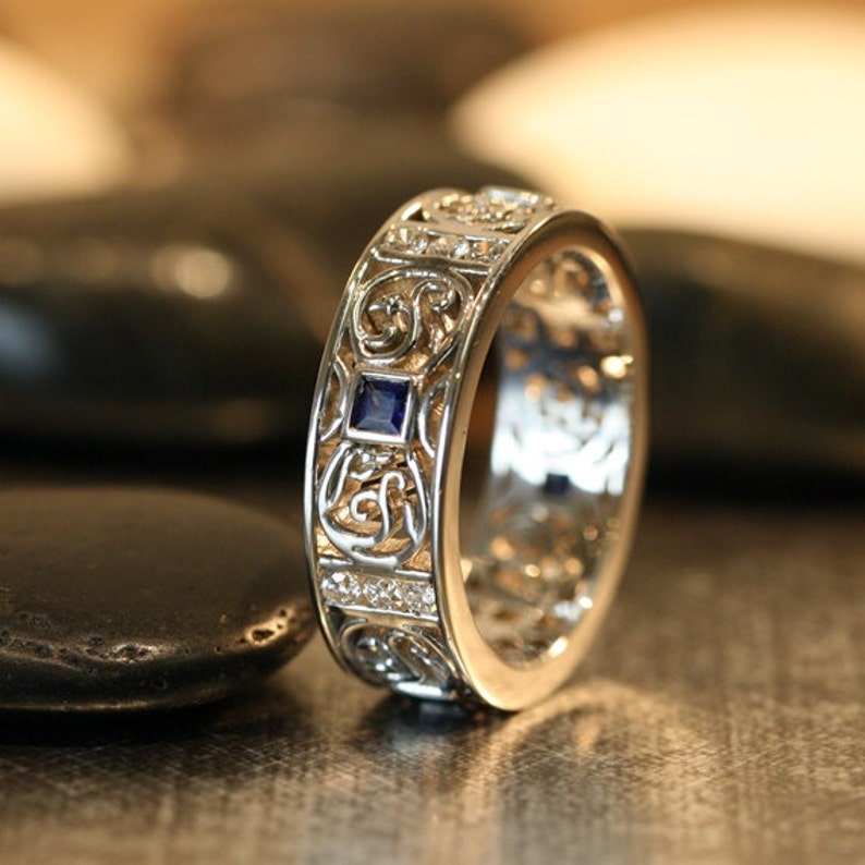 Celtic Wedding Band Princess Cut Sapphire and Diamond