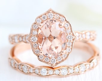 Bridal Set Vintage Floral Oval Morganite Engagement Ring and Scalloped Diamond Wedding Band in 14k Rose Gold 8x6mm Oval Cut Anniversary Ring