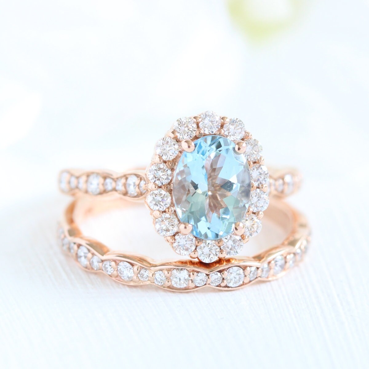 Halo Diamond Aquamarine Wedding Ring Set in 14k Rose Gold Etsy