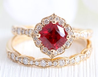 Vintage Style Halo Ruby Engagement Ring and Scalloped Diamond Wedding Band Bridal Set 14k Rose Gold July Birthstone Ruby Ring Stack