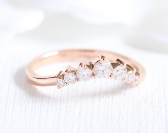 Curved Diamond Ring in 14k Rose Gold Contour Wedding Band, U Shaped Ring with Diamonds, Natural Diamond Wedding Ring