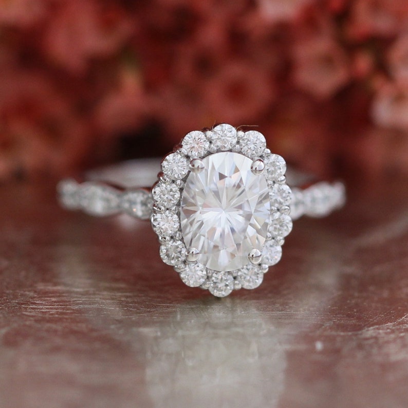 Rose Gold Oval Moissanite Engagement Ring in Halo Diamond Etsy