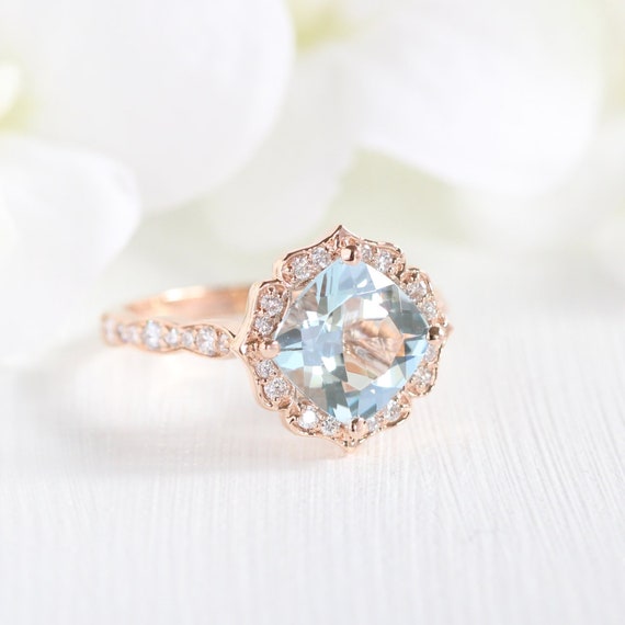 Vintage Floral Aquamarine Engagement Ring In 14k Rose Gold Etsy