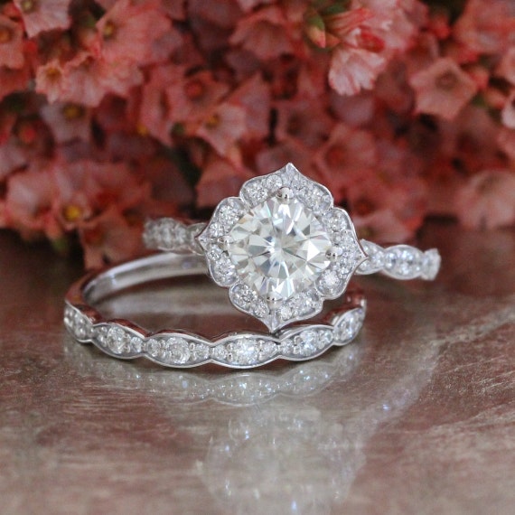 Items similar to Mini Vintage Floral Moissanite Engagement Ring and ...
