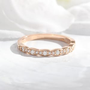Diamond Wedding Band Women Vintage Style Wedding Ring Scalloped Ring Rose Gold, White Gold, Yellow Gold, Platinum