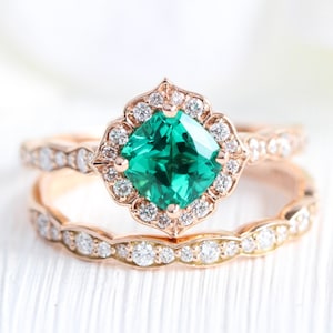 Vintage Halo Emerald Engagement Ring and Scalloped Diamond Wedding Band Bridal Set 14k Rose Gold May Birthstone Emerald Ring Stack