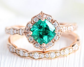 Vintage Halo Emerald Engagement Ring and Scalloped Diamond Wedding Band Bridal Set 14k Rose Gold May Birthstone Emerald Ring Stack