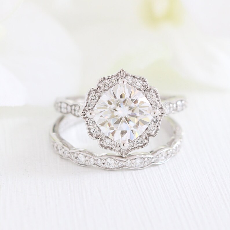 Forever One Moissanite Engagement Ring and Scalloped Diamond Wedding Band Bridal Set in 14k Rose Gold 8x8mm Cushion Moissanite Gemstone Ring image 7