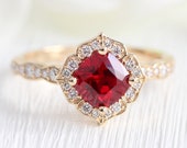 Cushion Ruby Engagement Ring 14k Rose Gold Mini Vintage Floral Diamond Ring Scalloped Diamond Wedding Band July Birthstone Ring