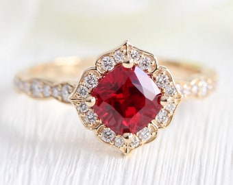 Cushion Ruby Engagement Ring 14k Rose Gold Mini Vintage Floral Diamond Ring Scalloped Diamond Wedding Band July Birthstone Ring