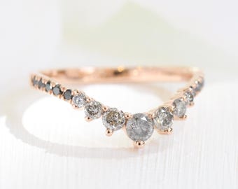 Natural Salt and Pepper Diamond Ring in 14k Rose Gold Curved Black Diamond Band, Grey Diamond Wedding Ring, Gray Diamond Contour Band