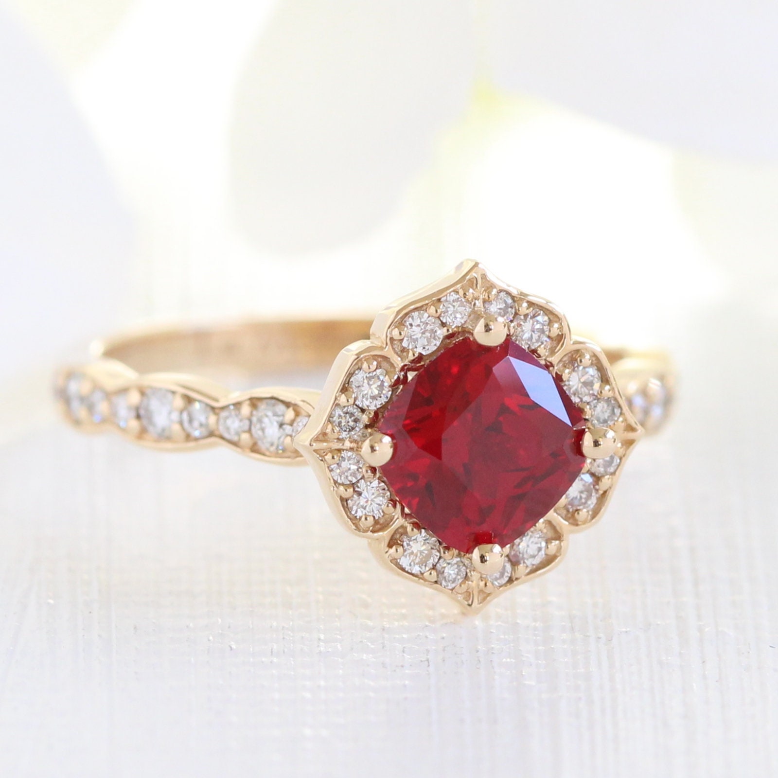 Vintage Floral Ruby Engagement Ring 14k Rose Gold Scalloped Etsy