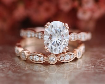 Forever One Moissanite Solitaire Engagement Ring Bridal Set in 14k Rose Gold Bezel Scalloped Diamond Wedding Band 9x7mm Oval Gemstone Ring