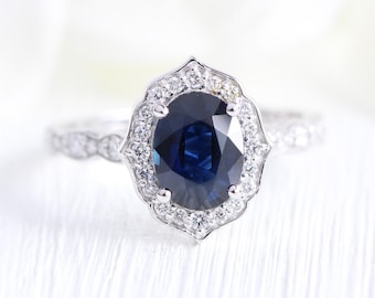 Natural Dark Blue Sapphire Engagement Ring in 14k White Gold Halo Diamond Sapphire Ring Oval Sapphire September Birthstone Ring (Resizable)