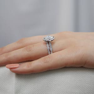Forever One Moissanite Engagement Ring and Scalloped Diamond Wedding Band Bridal Set in 14k Rose Gold 8x8mm Cushion Moissanite Gemstone Ring image 10