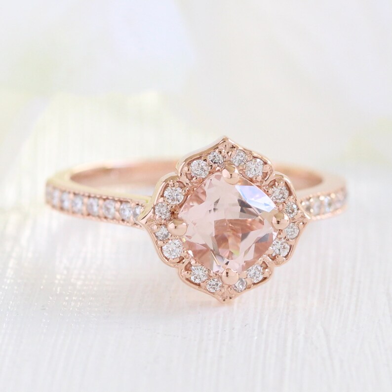 14k Rose Gold Morganite Engagement Ring and Milgrain Diamond | Etsy
