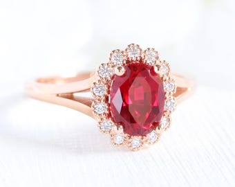 Oval Rubin Diamant Ring 14k Rosegold Vintage Halo Diamant Rubin Verlobungsring Juli Birthstone Ring Cluster Rubin Ehering (Größenverstellbar)