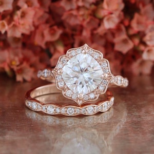 Forever One Moissanite Engagement Ring and Scalloped Diamond Wedding Band Bridal Set in 14k Rose Gold 8x8mm Cushion Moissanite Gemstone Ring image 3