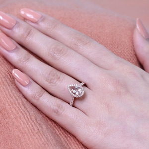 Pear Morganite Engagement Ring in 14k Rose Gold Halo Diamond Ring 9x6mm Pink Peach Morganite Ring Set in Pave Diamond Half Eternity Band image 5