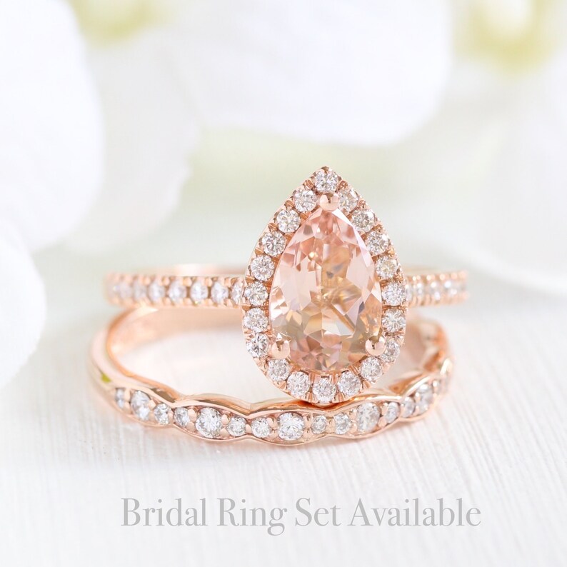 Pear Morganite Engagement Ring in 14k Rose Gold Halo Diamond Ring 9x6mm Pink Peach Morganite Ring Set in Pave Diamond Half Eternity Band image 6