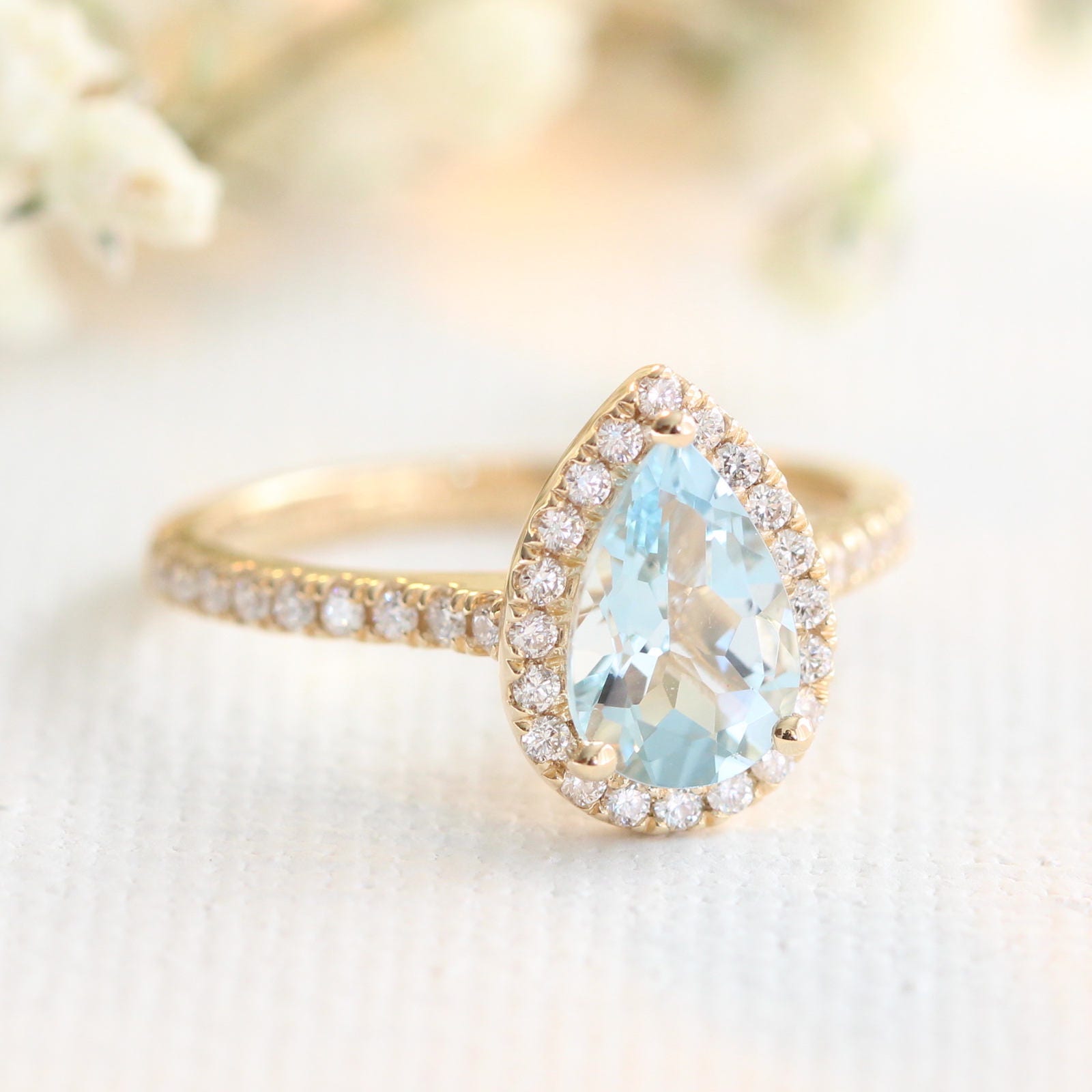 Gold Pear Aquamarine Engagement Ring in Halo Diamond Ring 14k | Etsy