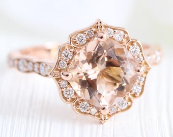 14k Rose Gold Vintage Floral Morganite Engagement Ring Scalloped Diamond Wedding Band 8x8mm Cushion Pink Peach Morganite Ring