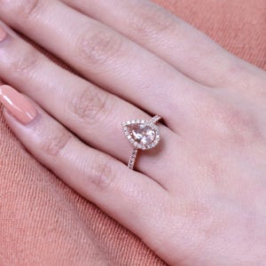 Pear Morganite Engagement Ring in 14k Rose Gold Halo Diamond Ring 9x6mm Pink Peach Morganite Ring Set in Pave Diamond Half Eternity Band image 3