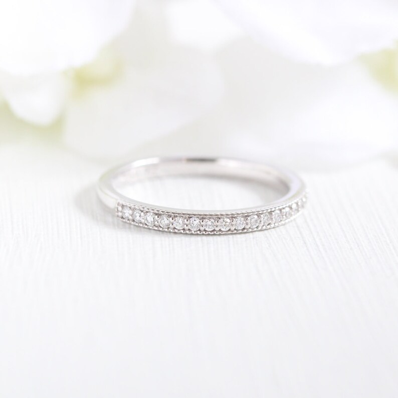 14k White Gold Half Eternity Diamond Wedding Ring Milgrain Etsy
